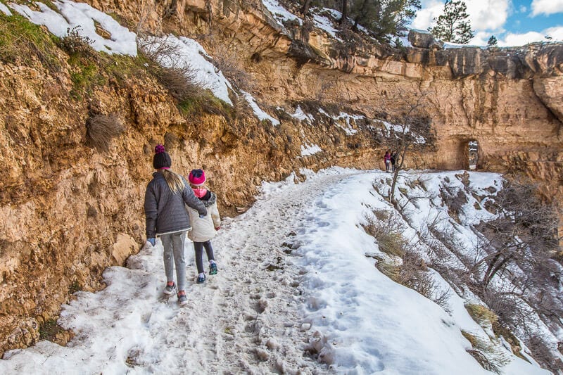 two girls on Bright Angel Trail covered in snow