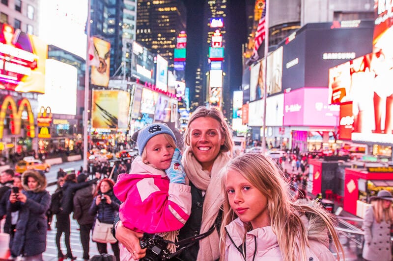 mother and two girls in Times Square - 