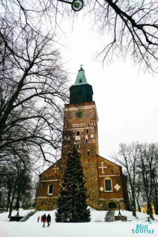 Turku Cathedral against a clear blue sky in winter, flanked by bare trees with sunlight casting a warm glow on the brick façade