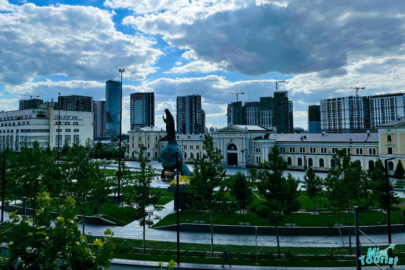 Belgrade’s modern cityscape with a mix of old and new architecture, including residential and commercial buildings under a cloudy sky.