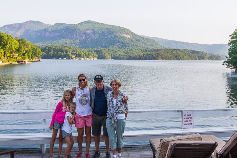 multi gen family posing at Lodge on Lake Lure views