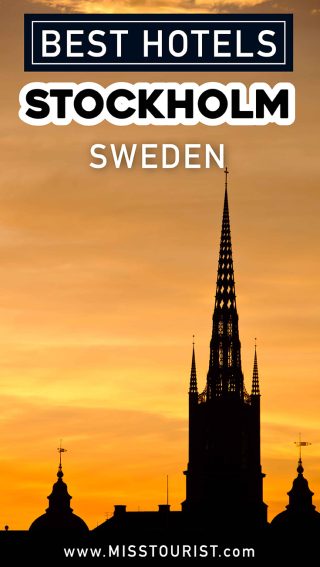 Promotional image with silhouette of Riddarholmen Church's spire at sunset, titled 'Best Hotels Stockholm Sweden'

