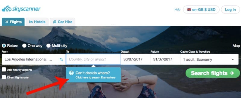 Searching flights using Skyscanner