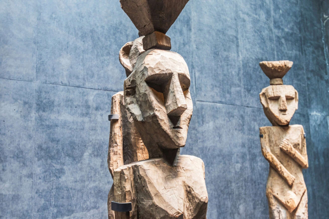 Close-up of wooden pre-Columbian art sculptures on display at the Chilean Museum of Pre-Columbian Art in Santiago, Chile