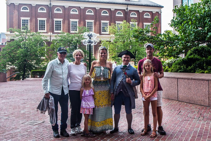 family with tour guide on the Boston Freedom trail