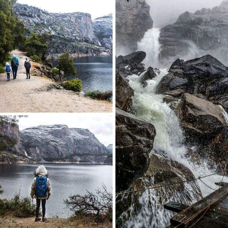 family hiking the trail with views of lake