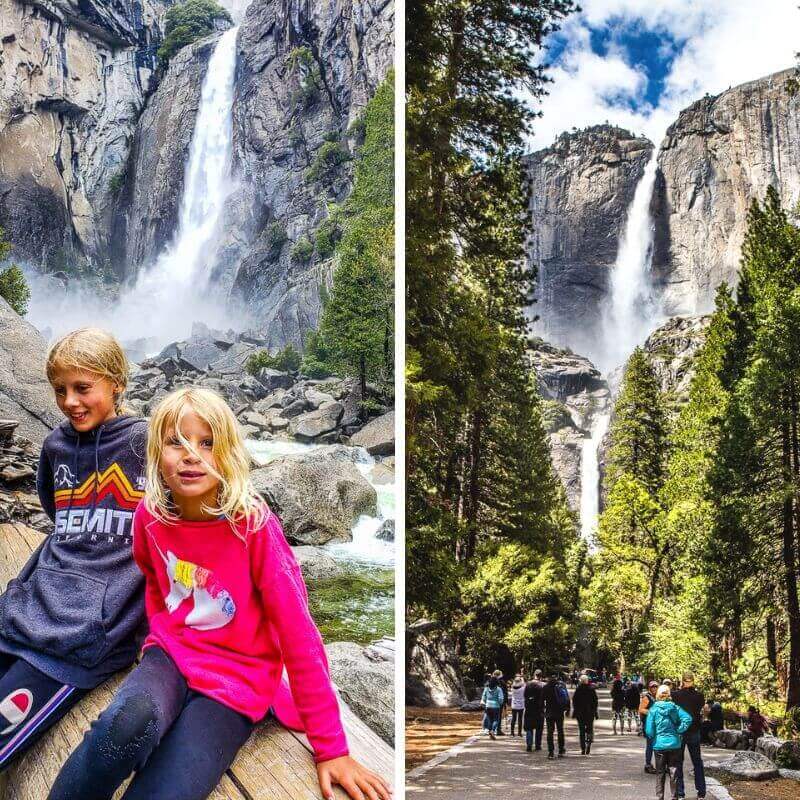 girls posing in front of lower yosemite falls