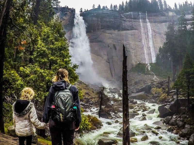 woman and child looking at nevada falls