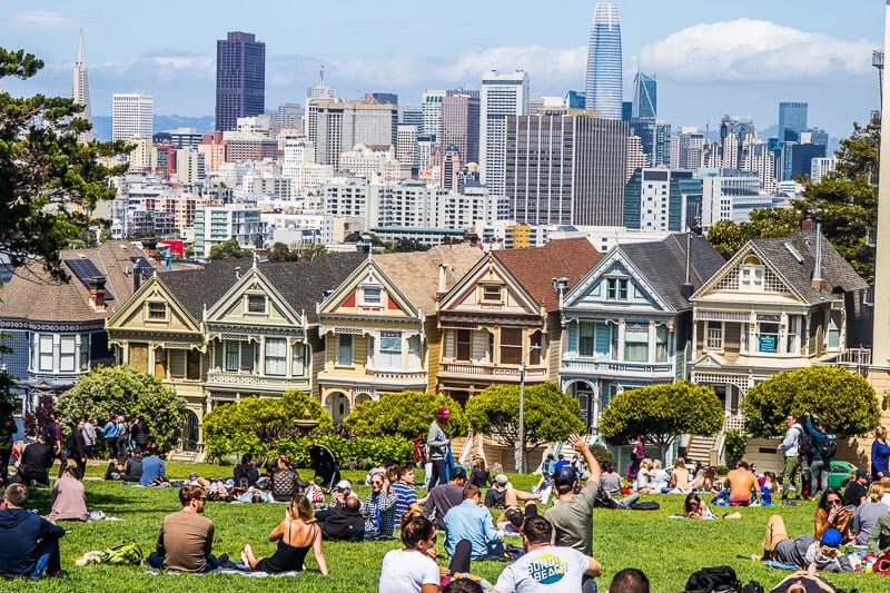 townhouses and a city skyline